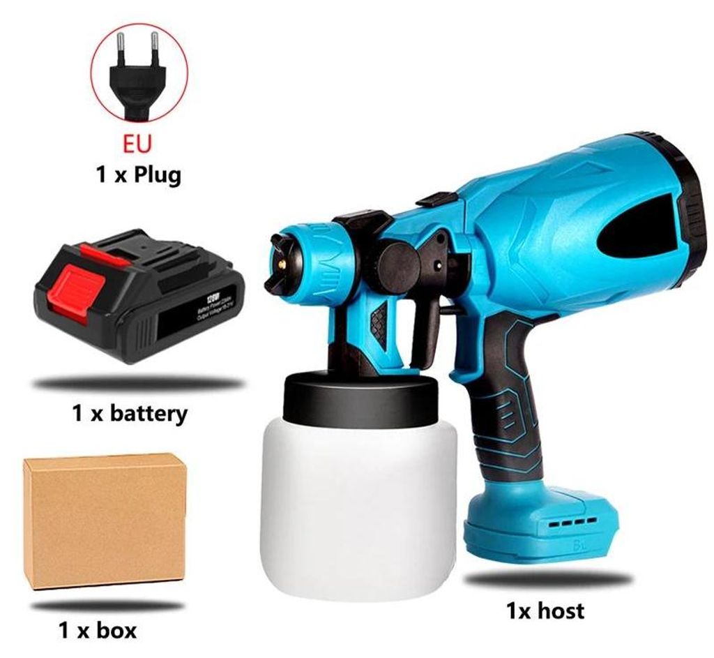 Elektrische Farbsprühpistole - Akku-Sprühpistole - 800 ml Behälter - 2,5 mm Düse - 3 Sprühbilder - 18V - 1 Akku inkl. - EU-Stecker