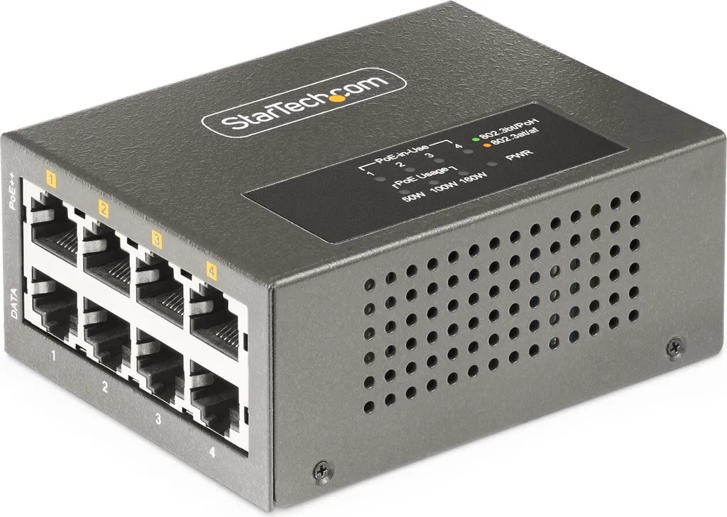Injecteur PoE++ 802.3bt 4 Ports 160W Multi-Gigabit NBASE-T Montage Rail DIN