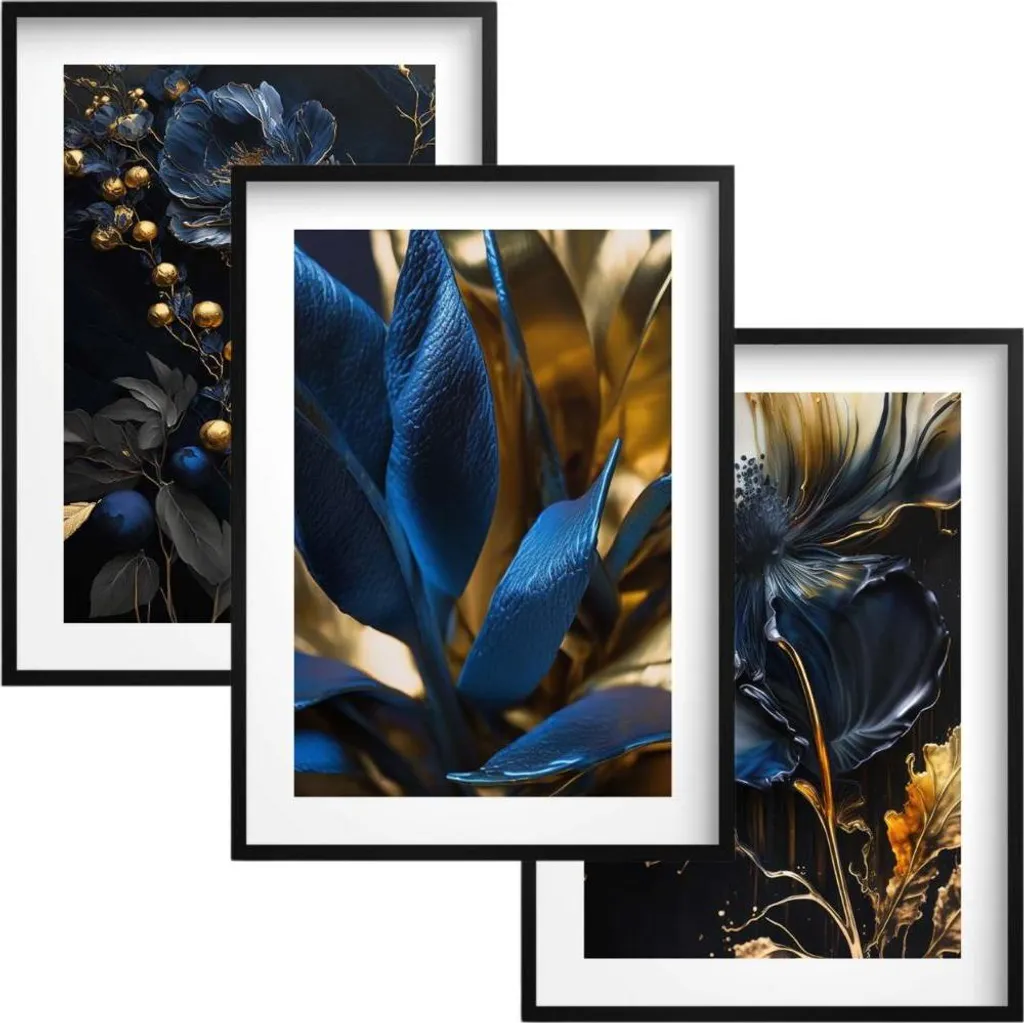 Trittico Poster Astratti Fiori Oro Blu | Arredo Parete Soggiorno