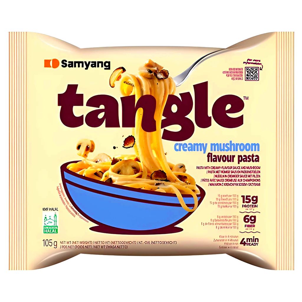 A package of Samyang Tangle Creamy Mushroom flavour pasta.