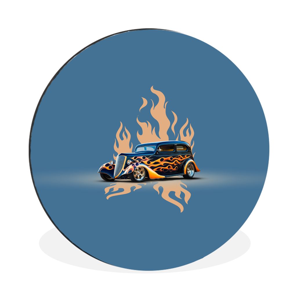 MuchoWow Aluminium Wandkreis Auto - Oldtimer - Blau - Flammen Ø 90 cm Wanddeko Modern Wohnzimmer - Mauerkreis - Wandbilder - Runde Bild - Bild a...