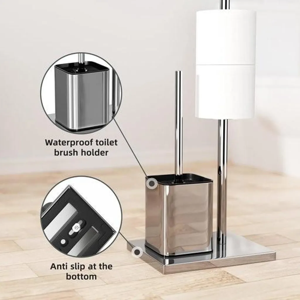 Piantana Bagno Inox Argento: Porta Rotolo con Scopino Senza Forare