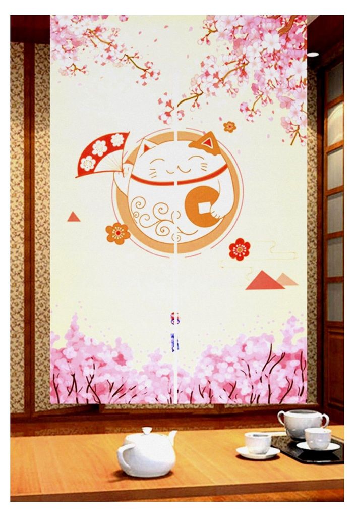 Japanischer Stil Dicke Noren Lange Vorhänge Raumteiler Türvorhang Tapisserie für Heimtextilien, Gelb 85 x 150 cm (Glückskatze und Kirschblüte)