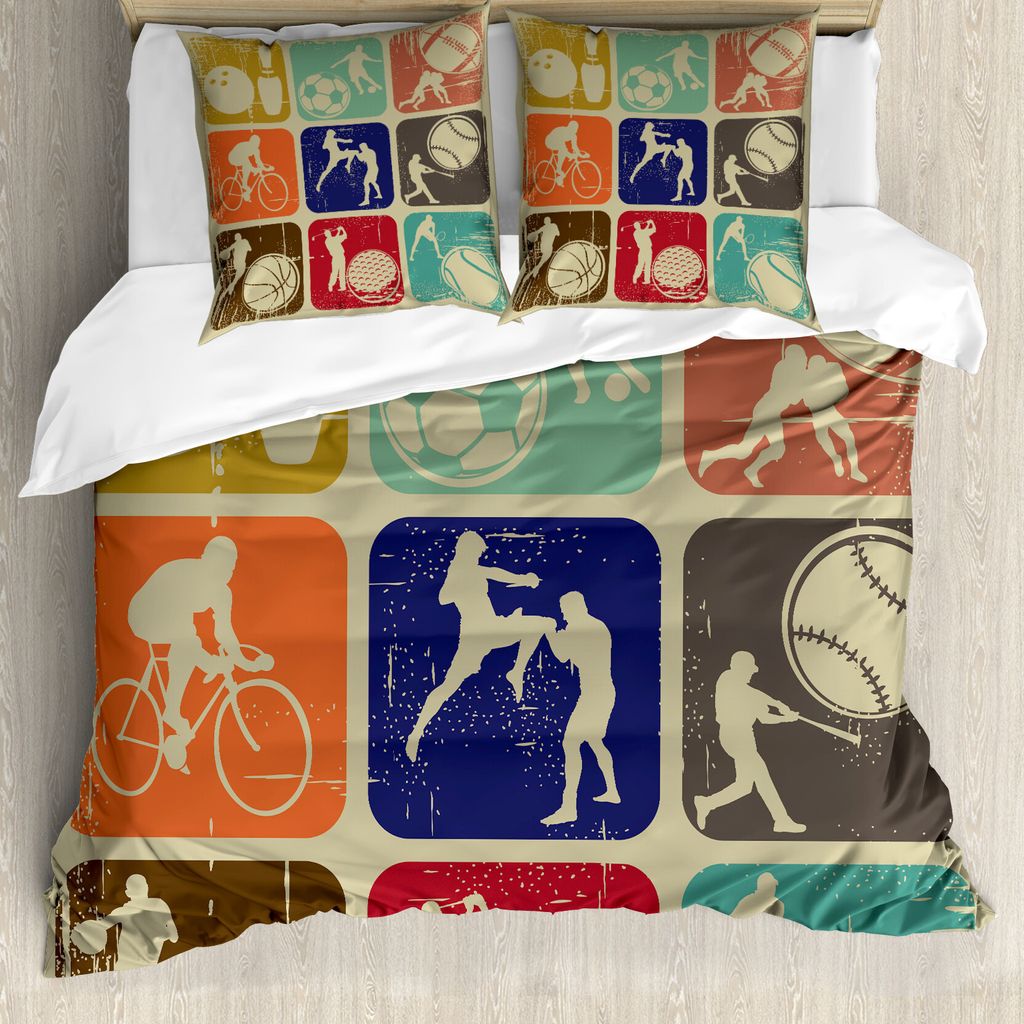 ABAKUHAUS Sport Bettbezug, Grunge Sports Banner, Milbensicher Allergiker geeignet mit Kissenbezügen, 200 cm x 200 cm - 80 x 80 cm, Mehrfarbig