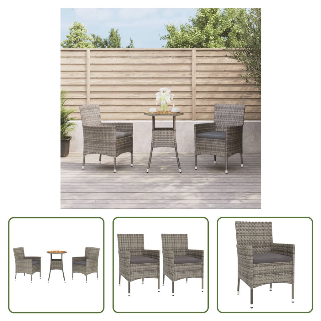 The Living Store 3-tlg. Garten-Bistro-Set mit Kissen Grau Poly Rattan