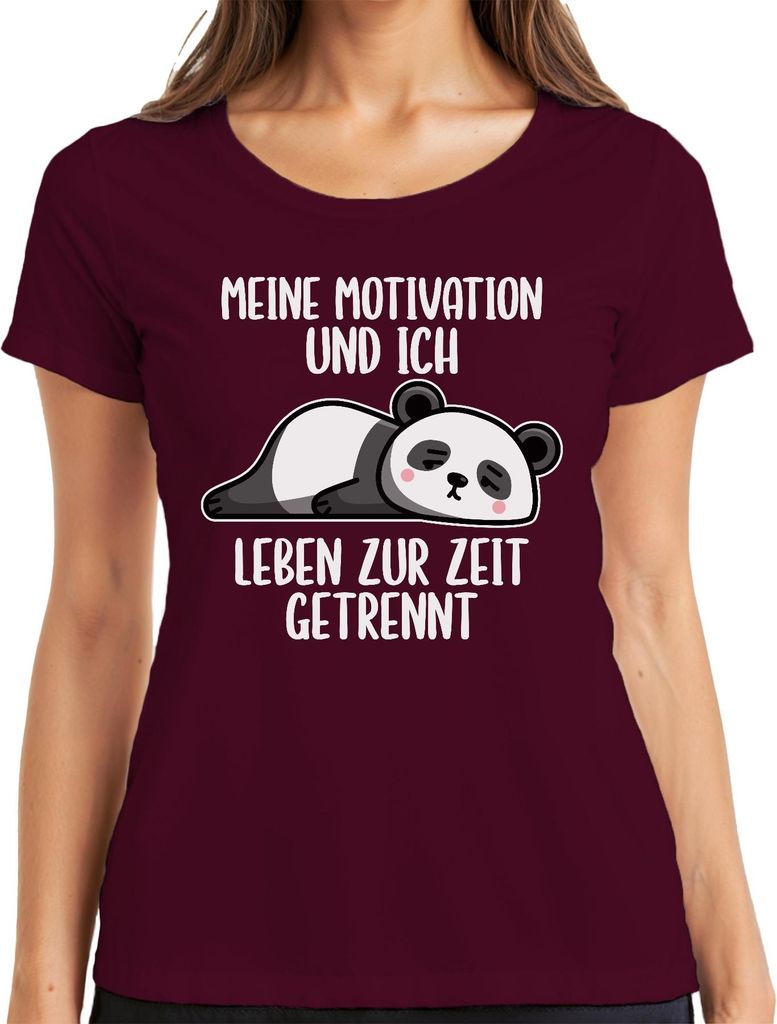 Motivation und ich leben getrennt Panda faul lustig Statement Damen T-Shirt, Burgundy, M
