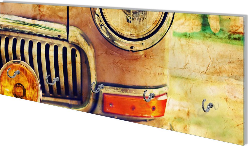 Wallario Flurgarderobe Wandgarderobe aus Glas, mit 5 Haken, Größe 80 x 30 cm, Motiv Antiker Oldtimer in Sepiafarben - Frontansicht