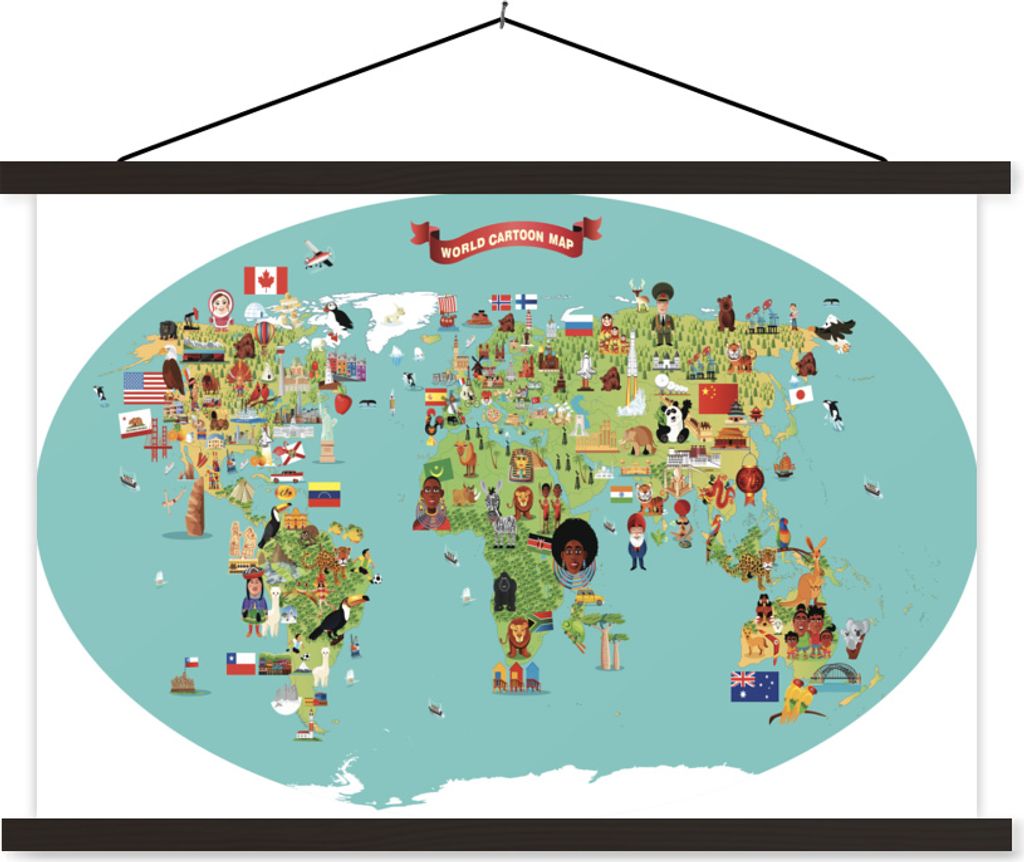 MuchoWow Textilposter Eine Cartoon-Illustration einer Weltkarte mit Figuren 150x100 cm mit schwarzem Rahmen - Schlafzimmer