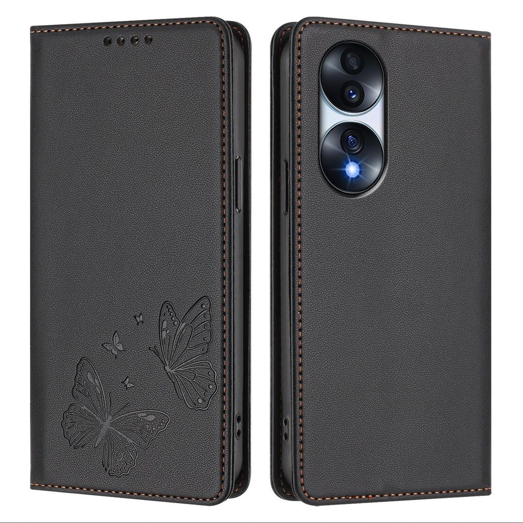 Lederhülle für Honor 70 Pro, Schmetterling Prägung Leder Brieftasche Schutzhülle mit Ständer Schwarz
