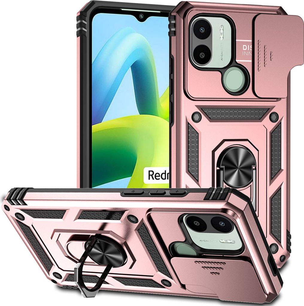 Redmi A1+ Hülle mit Schiebe Kamera Schutz und Ringhalter Ständer Robust Rüstung Schutzhülle für Xiaomi Redmi A1 / A1+ Roségold