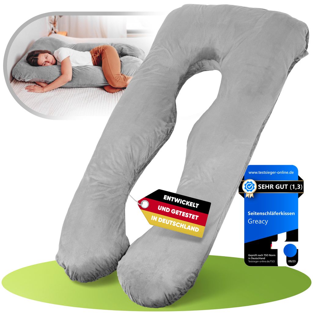 Greacy Amelie Seitenschläferkissen mit Bezug - Stillkissen XXL, Schwangerschaftskissen, Kissen, Body Pillow, Komfortkissen (Fehgrau)