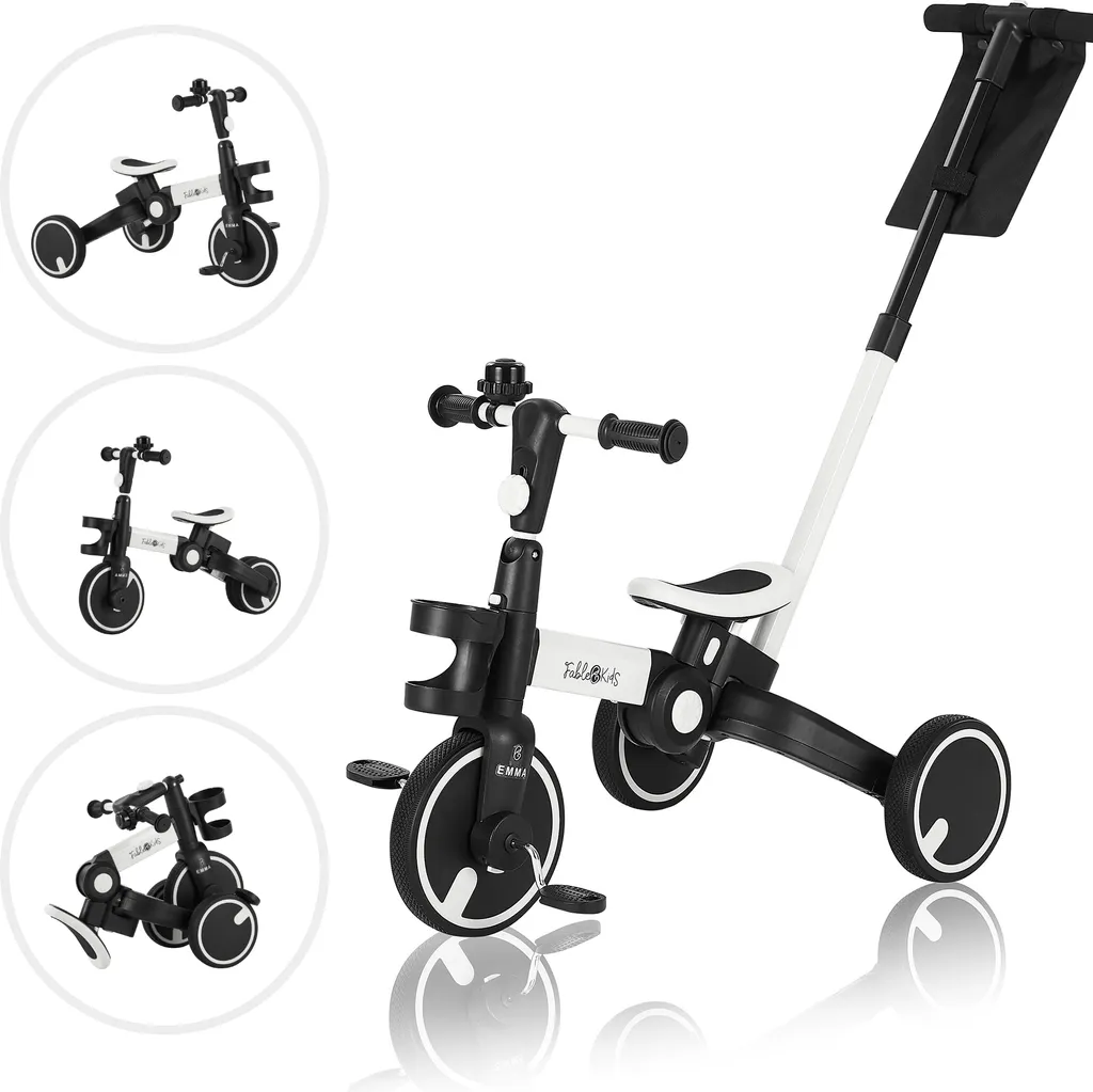 Tricycle blanc pliable FableKids 7 en 1 à direction parentale fluide