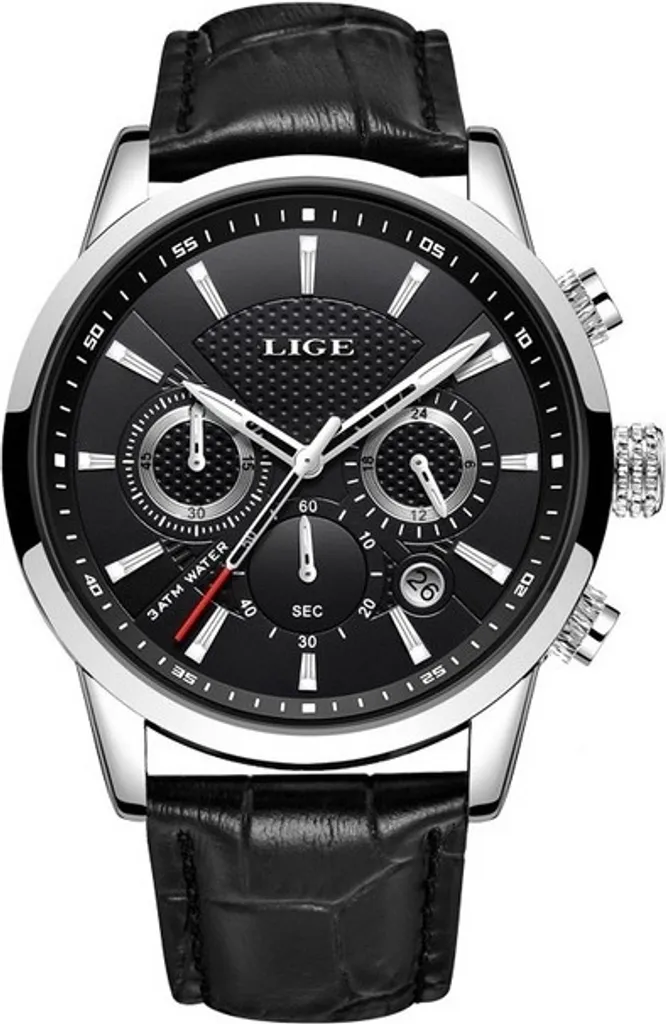 LIGE Elegant Watch Uomo Nero Argento KP14626 - Design Esclusivo