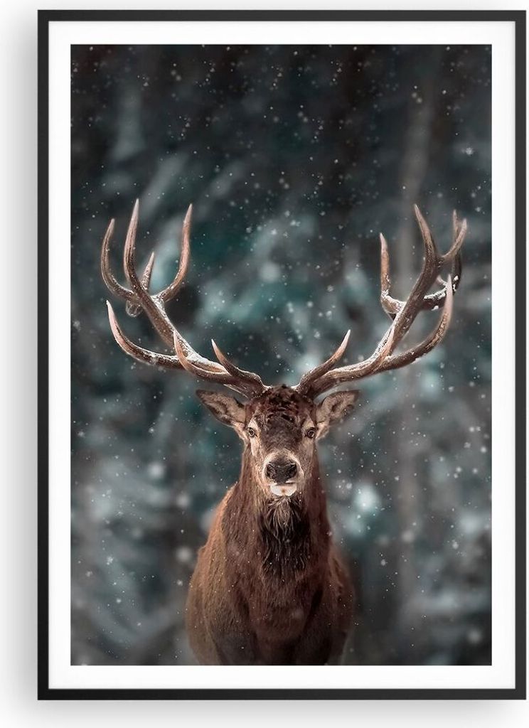 Gerahmtes Poster - Schwarzer Rahmen - Hirsch Hirsch Winter - 70x100 cm - Wand Bild - Wanddeko - Wandbilder - Kunstposter - Wandposter - Bilderrahme...