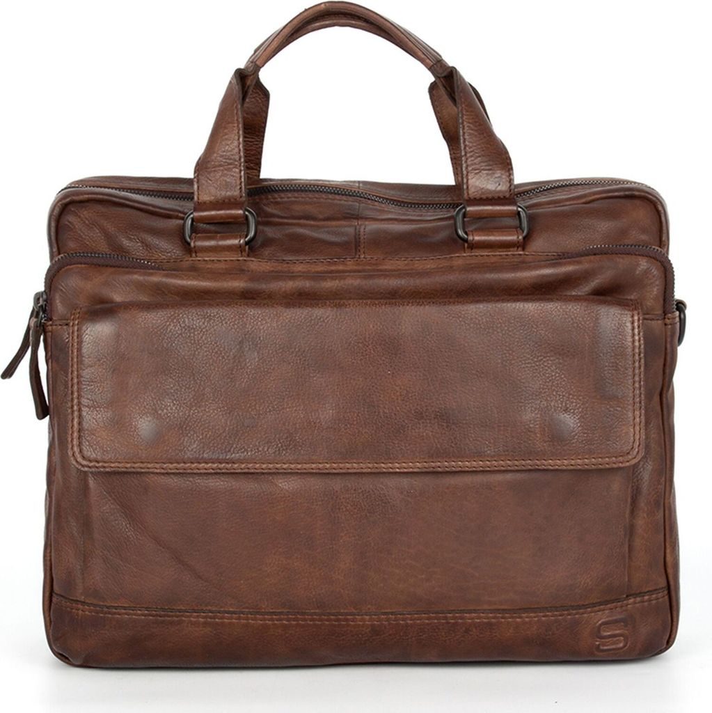 SPIKES & SPARROW Leder Businesstasche Schultertasche mit Laptopfach Kevin Business Bag Chocolate dunkelbraun
