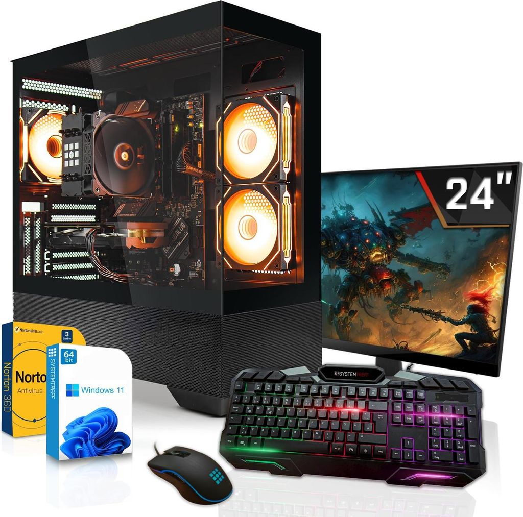 SYSTEMTREFF Gamer Komplett-Paket - Core i5-14400 - AMD Radeon RX 7600 8GB - 16GB DDR4 - 1TB NVMe - 24 Zoll Monitor - Windows 11 Pro - Desktop PC