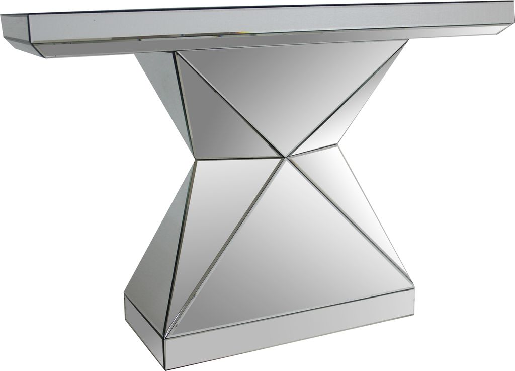 A mirrored console table with a geometric base.