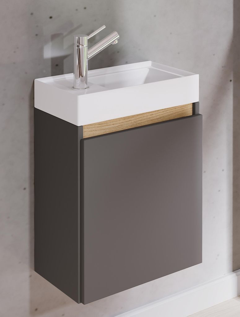 VCM 2 tlg. Badschrank mit Waschbecken für Gäste-WC, Hängeschrank mit Softclose-Tür, Waschplatz platzsparend, Maße: H. 55 x B. 41 x T. 22 cm, C...
