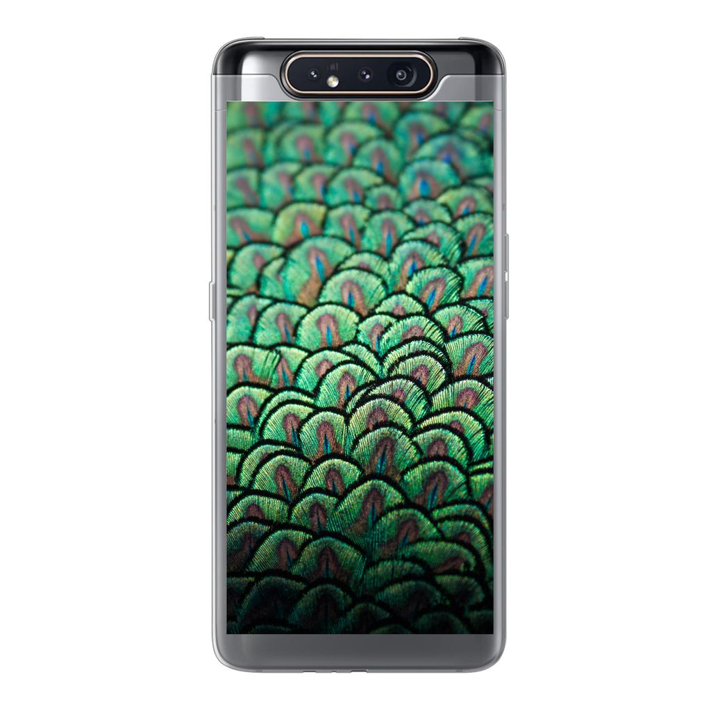 MuchoWow Handyhülle Schutzhülle Hülle für Samsung Galaxy A80 Nahaufnahme des Gefieders eines Pfaus Silikon Softcase Handy Hülle - Schutzdeckel