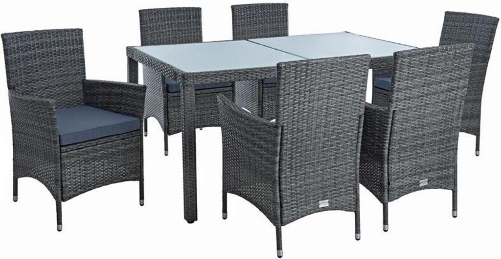 A poly-rattan dining set with a glass tabletop and six chairs, presented on a white background.