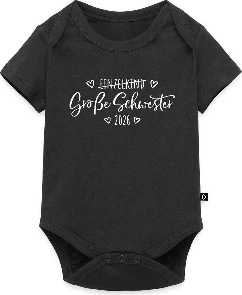 Spreadshirt Große Schwester 2026 Einzelkind Ende Herz Kurzarm Tages Baby Body, 62 (2-3 M.), Schwarz