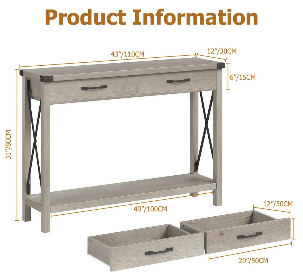 Console en bois gris clair à double étagère et tiroirs style rétro - 2