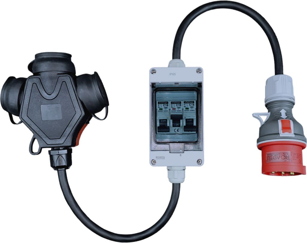 RoadEu - Adapter CEE Stecker 32A auf 220V, Adapter 32A auf 230V 3x Schuko Kupplung, Sicherungskasten mit Leitungsschutzschalter Starkstromkabel 1m