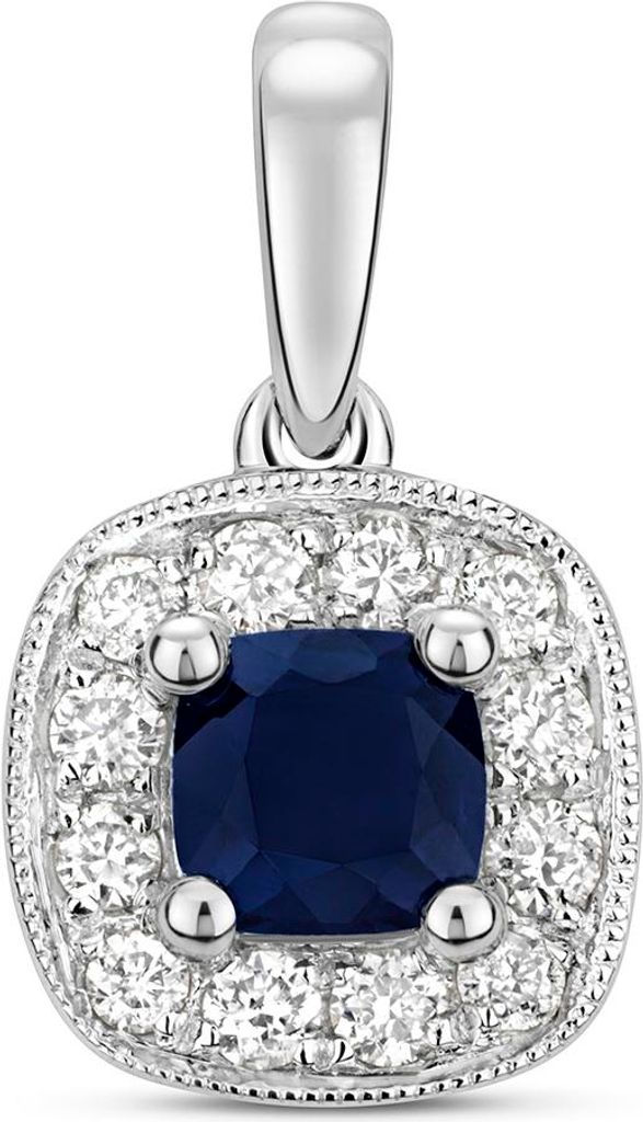 9 Karat (375) Weißgold Damen - Diamant Anhänger Brillant-Schliff 0.16 Karat HI - I1 mit Saphir - 15mm*9mm; TRS3558