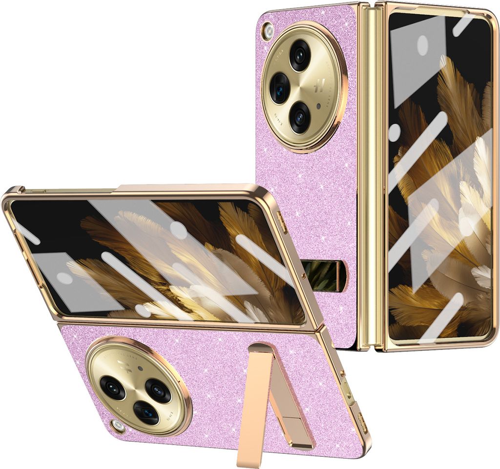Handyhülle für OnePlus Open / Oppo Find N3 mit Displayschutz, Luxus Galvanisieren Glänzend Bling Ständer Hülle Pink
