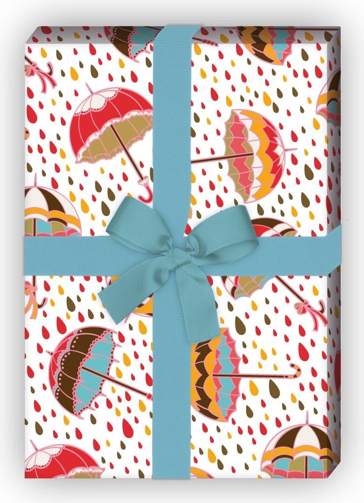 Fröhliches Regen Geschenkpapier mit fliegenden Regenschirmen, rosa - G10137, 32 x 48cm