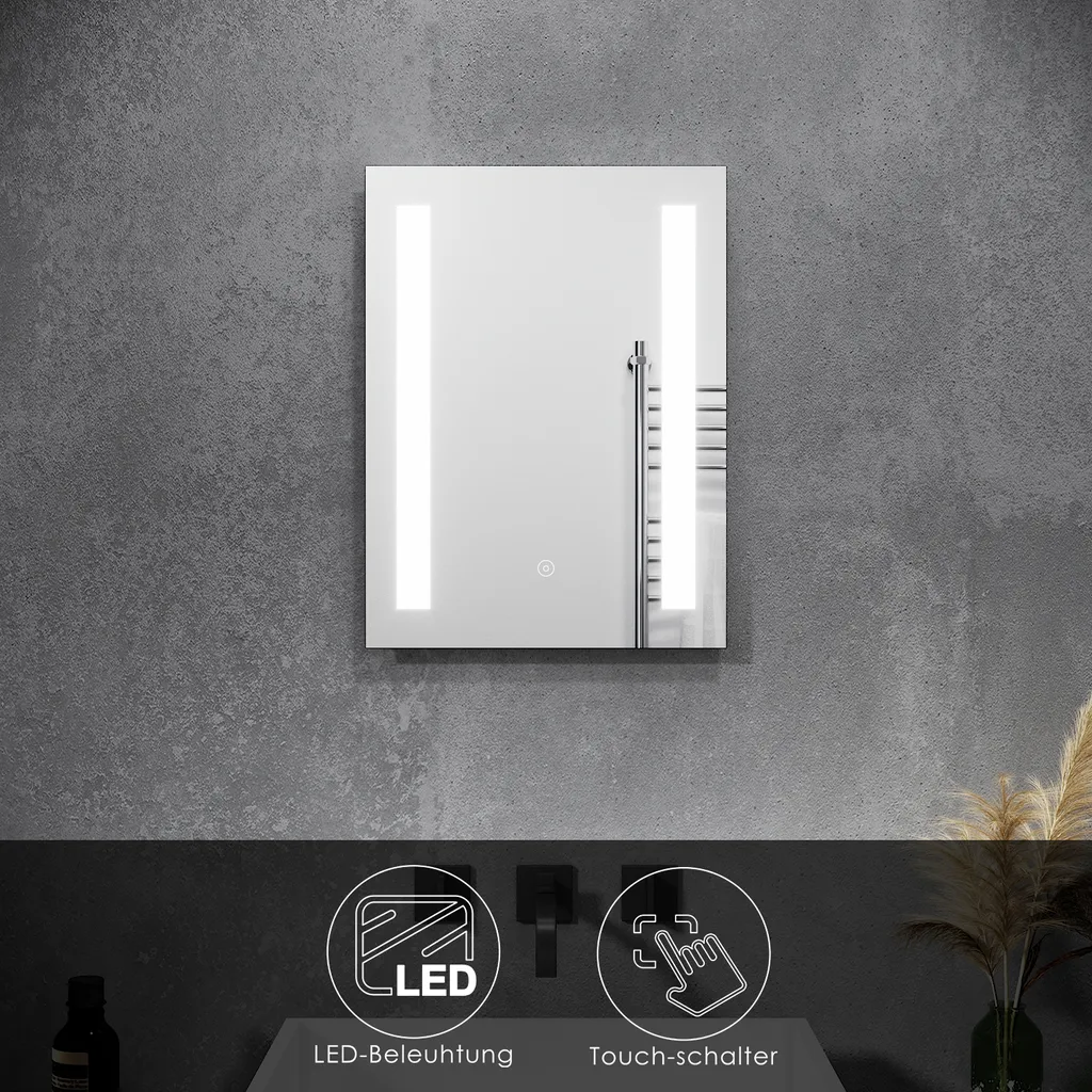Miroir Mural LED Anti-Humidité 45x60 cm - Tactile et Étanche IP44