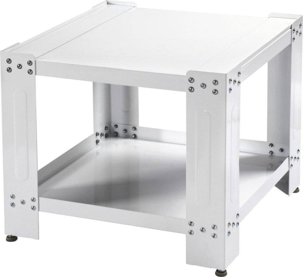 A white metal stand for a washing machine or dryer.