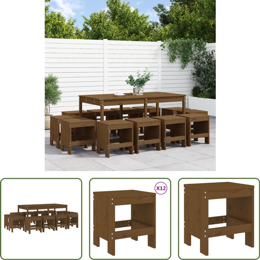 The Living Store 13-tlg. Garten-Essgruppe Honigbraun Massivholz Kiefer