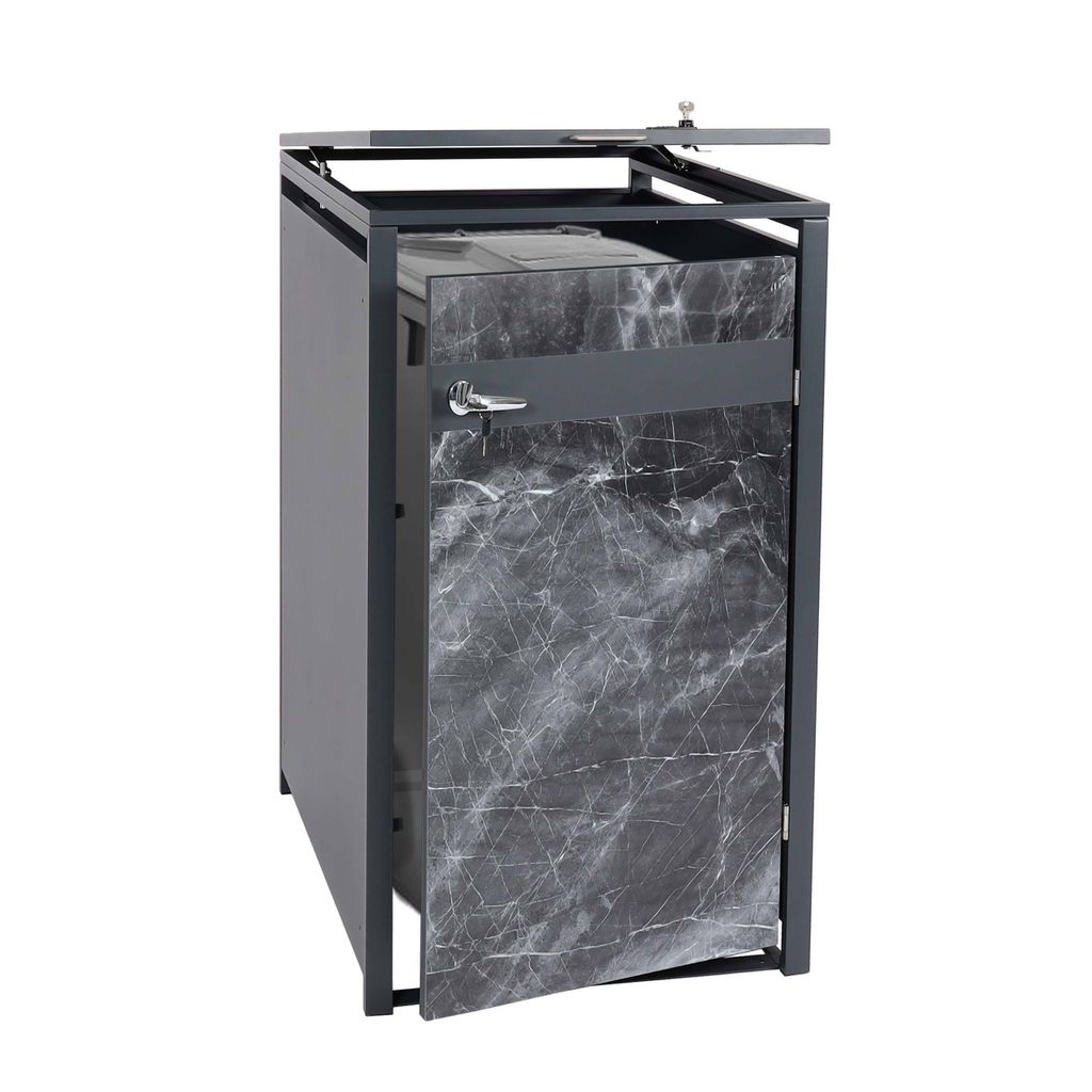 1er Mülltonnenverkleidung HWC-J82, Mülltonnenbox, erweiterbar, Metall 32kg, anthrazit Marmor-Optik dunkel