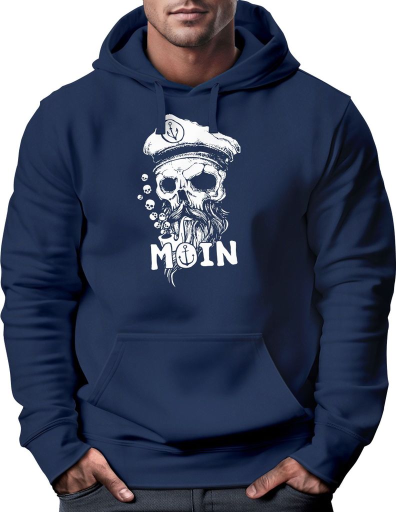 Hoodie Herren Moin Kapitän Totenkopf Anker Bart Hamburg Print Männer Fashion Streetstyle Neverless navy S
