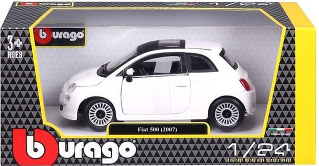 A toy model of a white Fiat 500 car in its original packaging.