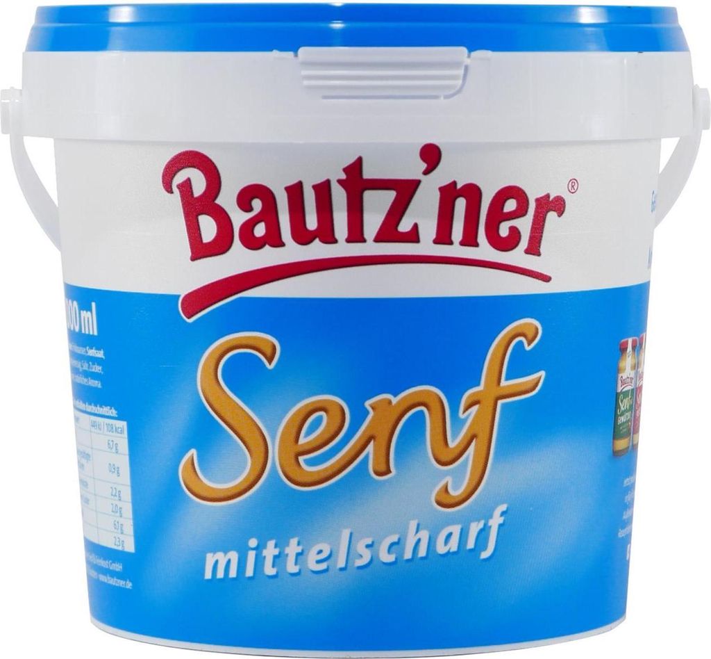 A large tub of Bautzner Senf (mustard) with its label.