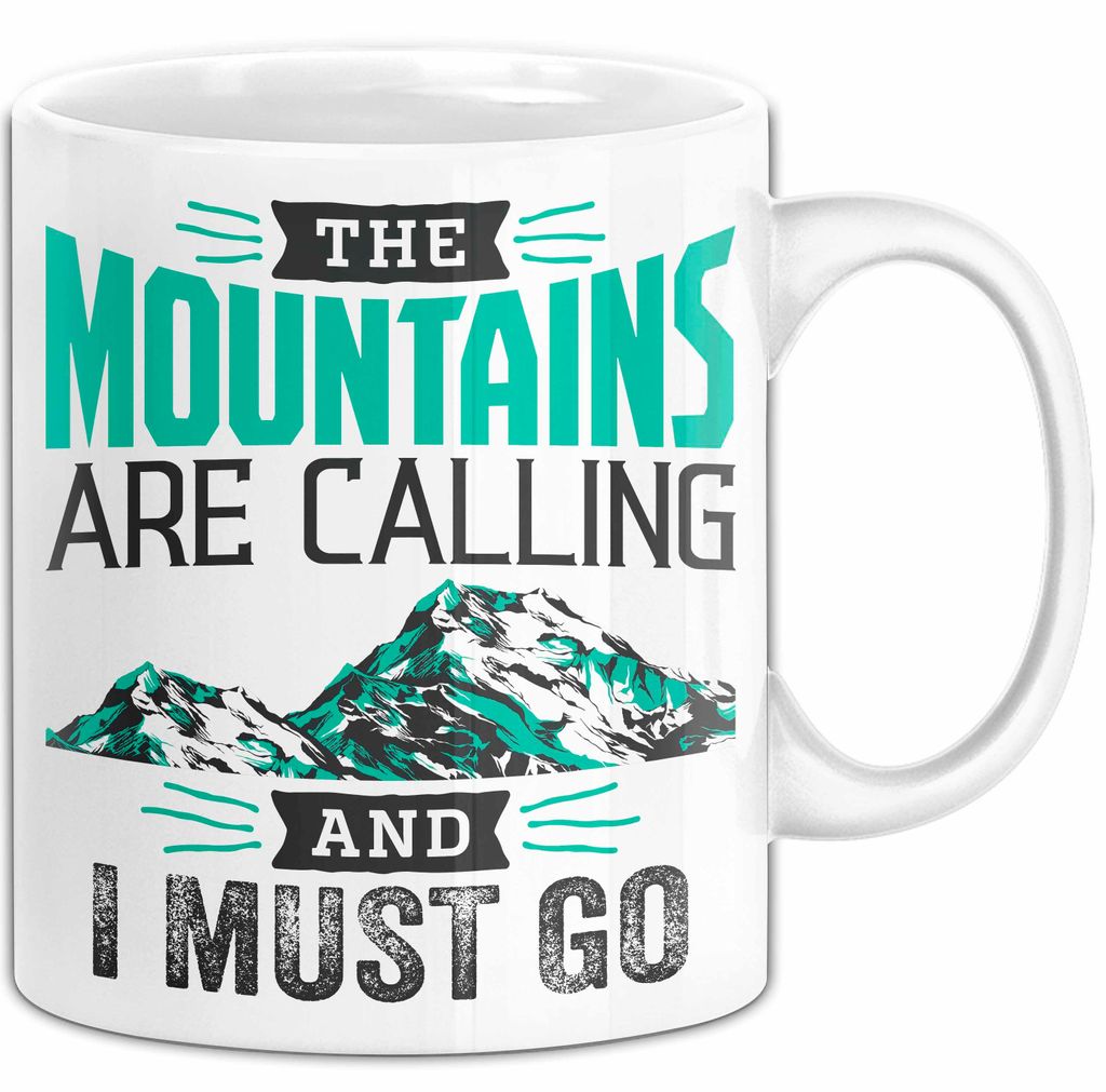 Ski Tasse Geschenk Grafik The Mountains Are Calling And I Must Go Becher (Weiß)