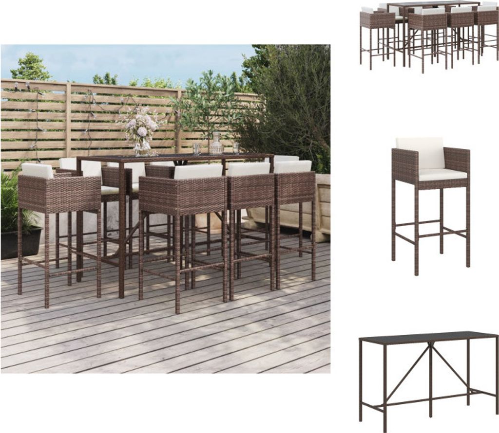 vidaXL 9-tlg. Gartenbar-Set mit Kissen Braun Poly Rattan - Gartenmöbel-Sets