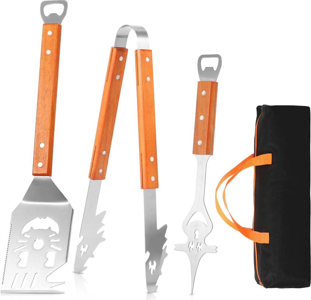 BBQ Grillbesteck Set 3-teilig, Edelstahl & Holzgriff, 38–42 cm, Grillzange, Grillgabel & Spatel, hitzebeständig, spülmaschinengeeignet, tragbar