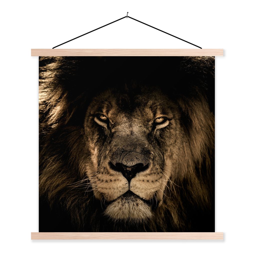 MuchoWow Textilposter Löwe - Tiere - Schwarz - Porträt 60x60 cm mit holzfarbenen Rahmen - Wanddekoration