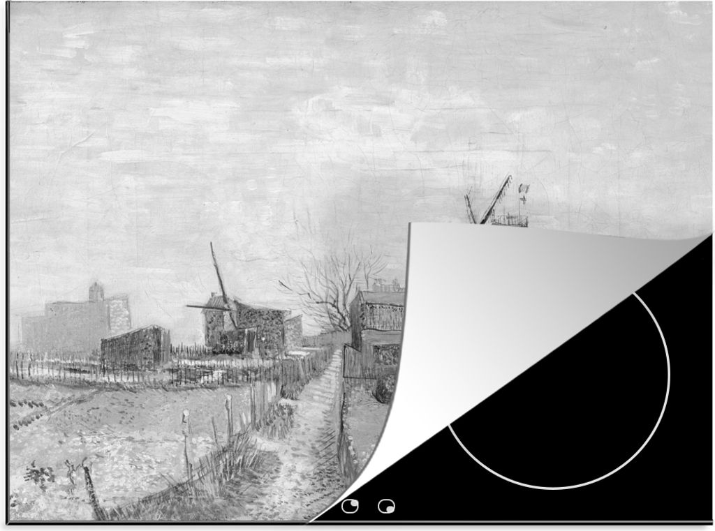 KitchenYeah Herdabdeckplatte Gesicht von Monmartre - Vincent van Gogh - Schwarz und weiß , 57x51cm, Küche Deko, Glaskeramikfeld Herdabdeckung, ...