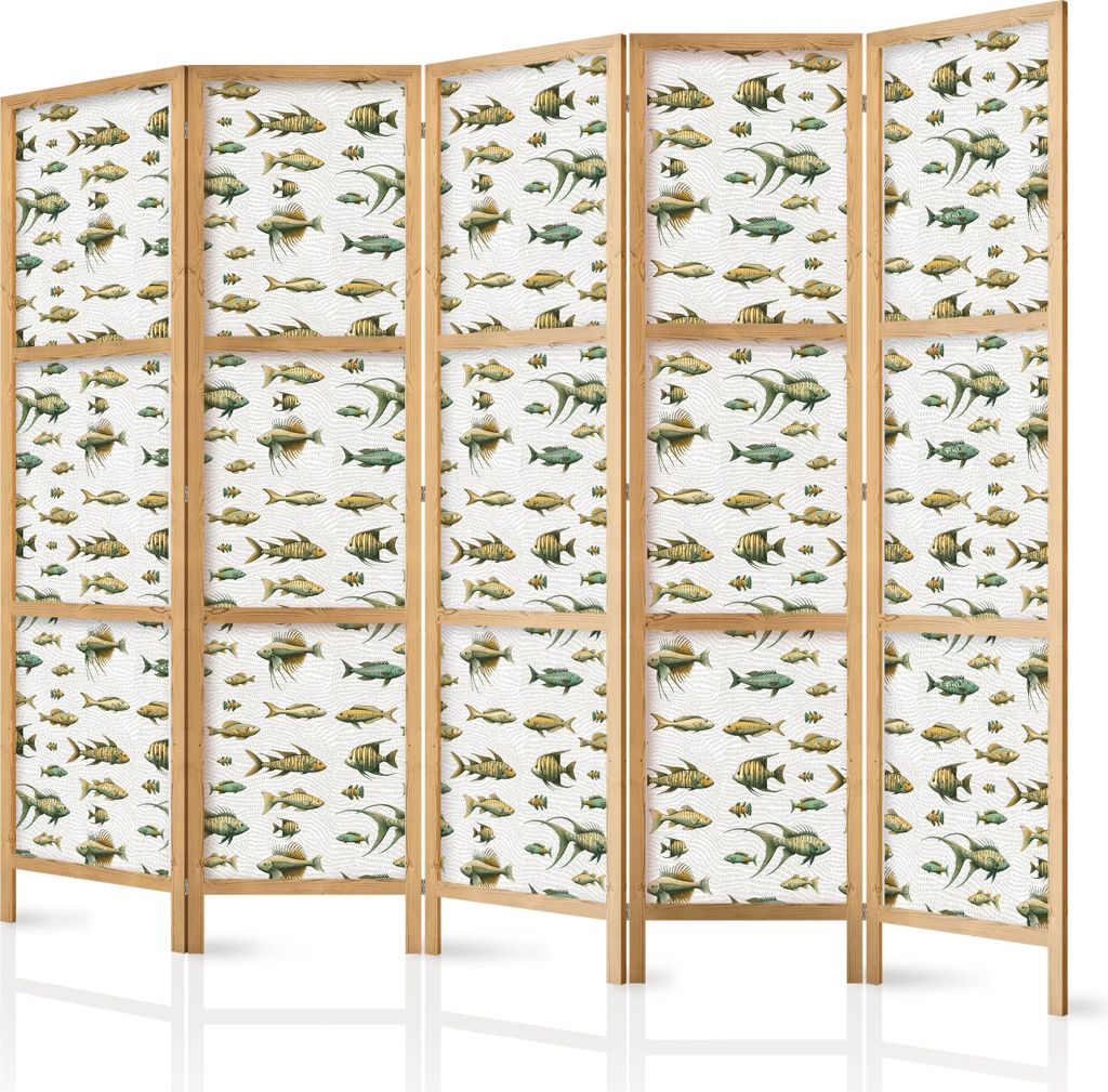 5-teiliger Einseitiger Vlies Japanischer Paravent - Fish in Beige Tones - Various Species of Fish in Beige-Brown Colors Presented in Vintage Style ...