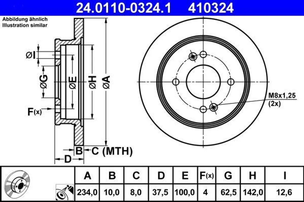 Disque de frein pour entretien Hyundai i10 et Kia Picanto ATE 0324.1