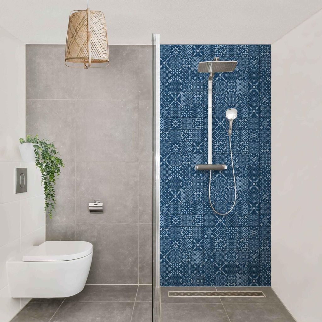 Duschrückwand Muster selbstklebend - 0.35 mm Wandpaneel wasserfest Design blau Fliesenoptik Illustration Badrückwand fugenlos Smart matt 90x210 cm