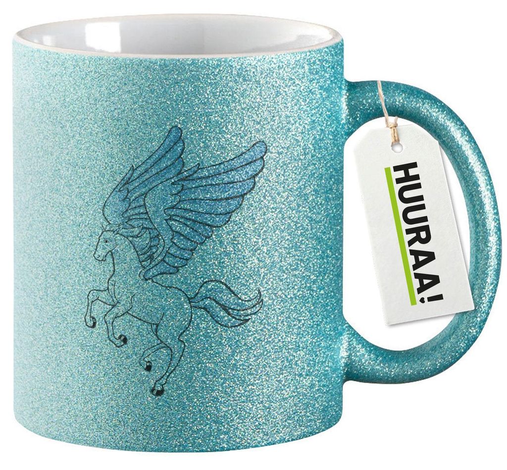 Huuraa Glitzertasse Pegasus Fabelwesen 330ml Blau Keramik Kaffeebecher Geschenkidee
