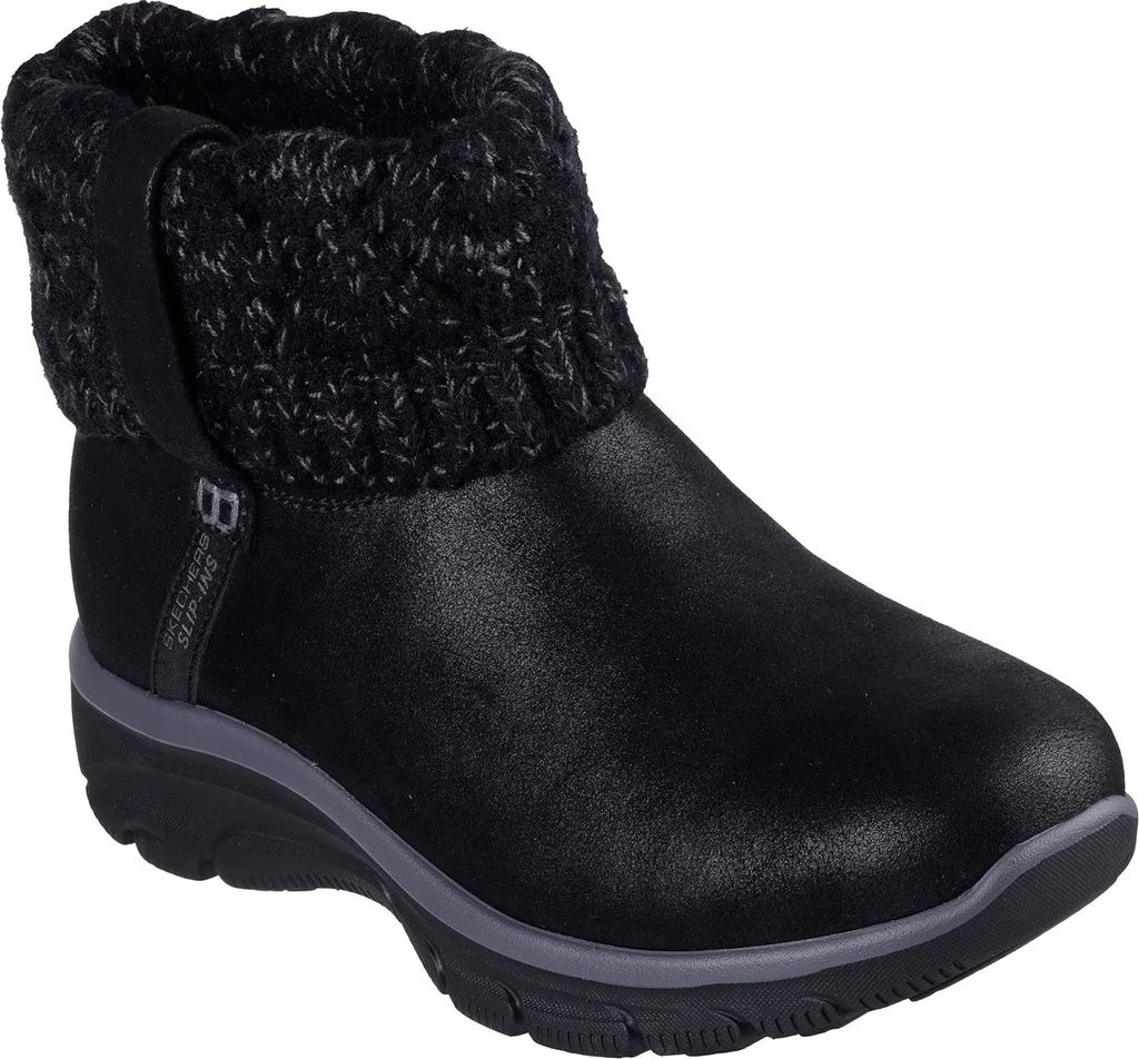 A black Skechers boot with a knitted cuff.