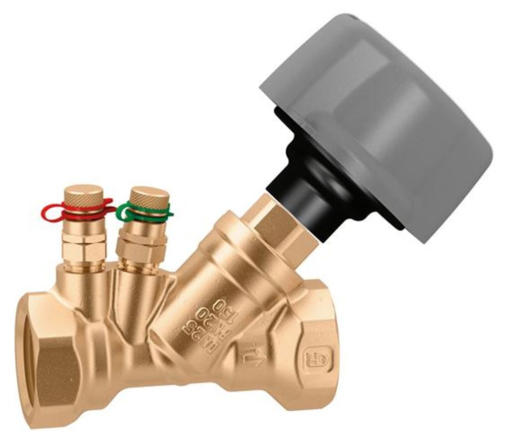 A close-up studio shot of a brass valve with a gray cap.