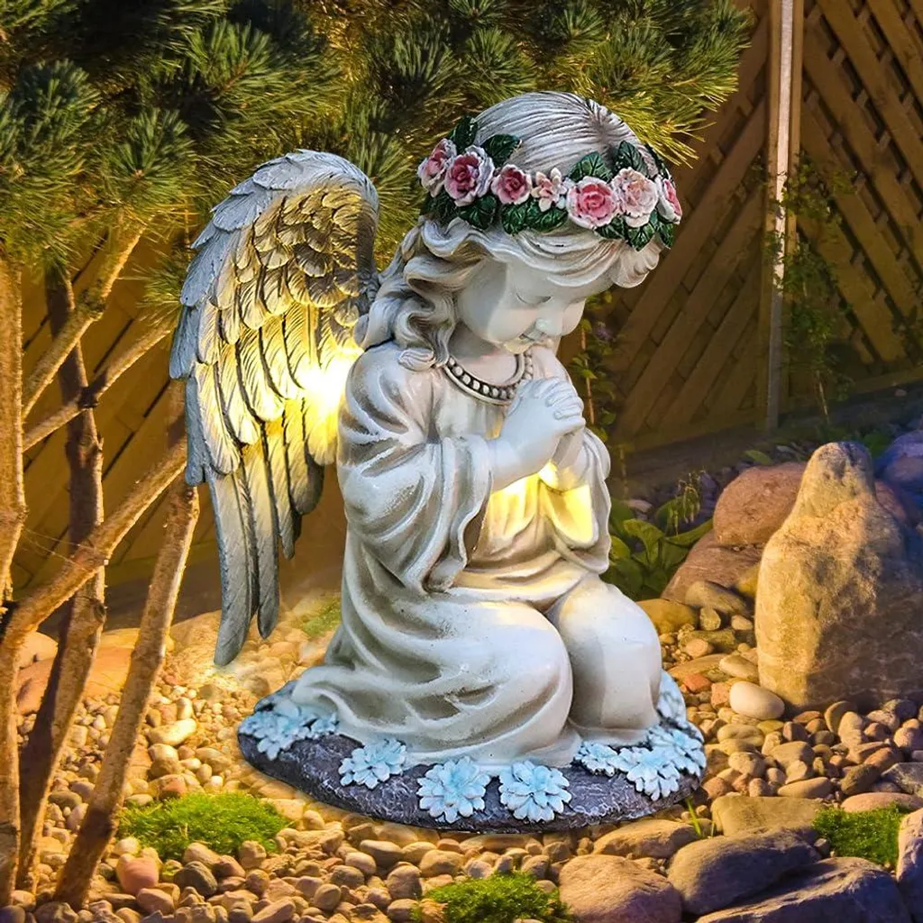 Ange funéraire solaire LED étanche en résine pour tombe et jardin