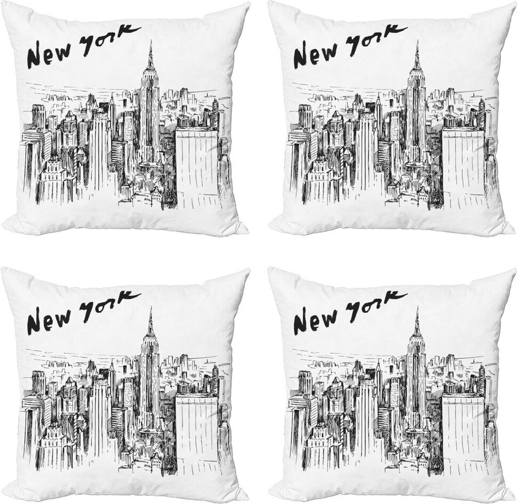 ABAKUHAUS New York Kissenbezug Set (4 Stück), Vintage Hand gezeichnete Stadt, Moderner Doppelseitiger Digitaldruck, 45 cm x 45 cm, Charcoal Grau W...